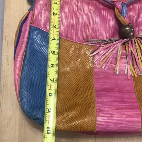 Vintage Sherif Leather Fabric Color Block Fringe Shoulder Bag Embossed